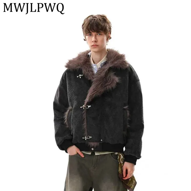 

MWJLPWQ Men's Winter Fleece-Lined Coat American Metal Single Breasted Fur Collar Tide Style Pocket Casual Cotton Tops Tide 21892