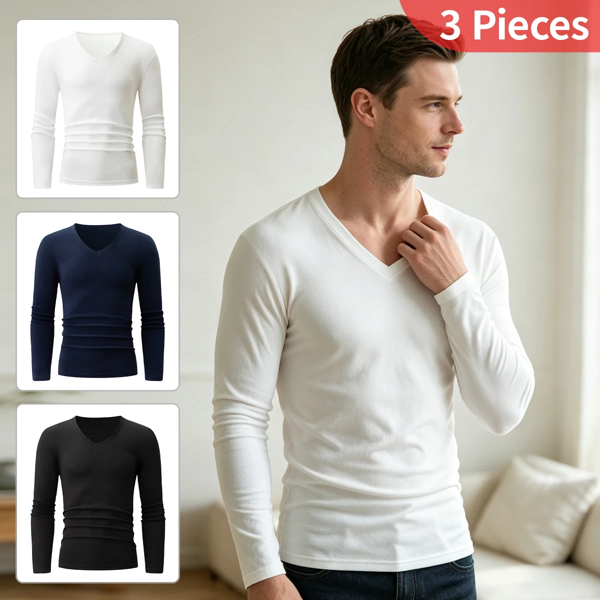 3Pcs Men's V-Neck Top In Classic Color Fashionable AndComfortable For Spring/Autumn Breathable Casual For Daily Sweat Absorption