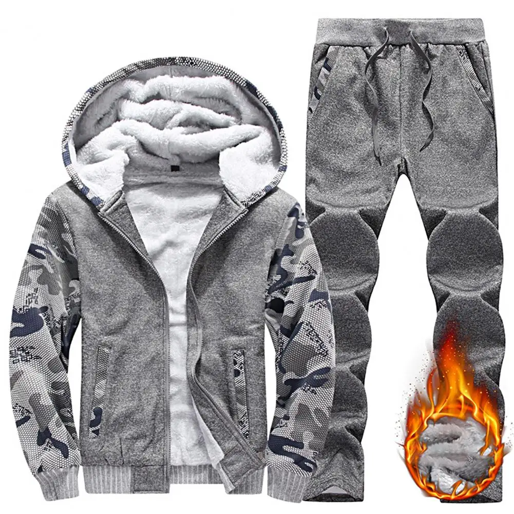 Men\'s Winter Jacket Set Male Tracksuit Fleece Lining Camouflage Print Sweatshirt Pants Down Jacket Man Casual Jacket Pants Set