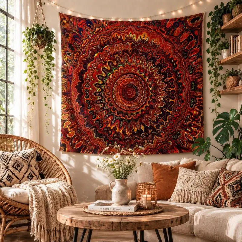 VIKAMA Orange Green Peacock Mandala Wall Tapestry Black Background Center Feather Pattern Ethnic Tribal Boho Chic Decor Indoor
