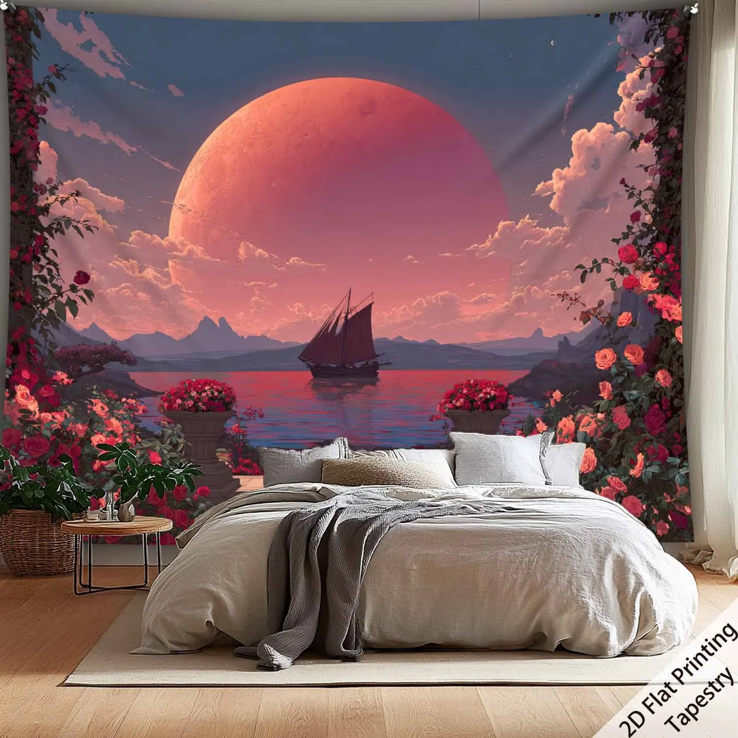 Sailing Ship Rose Garden Digital printing polyester wall tapestry suitable for use in living rooms bedrooms offices bars party