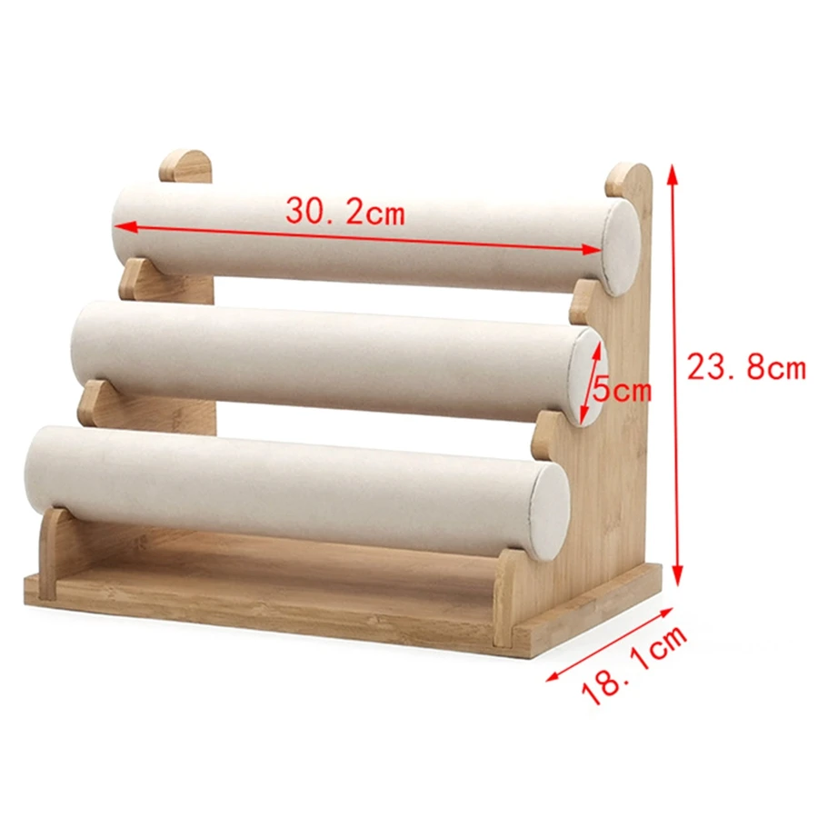 

3-х уровневый бамбуковый дисплей для браслетов, бархатный органайзер для ювелирных изделий, подставка, браслеты, держатель для ювелирных изделий, стеллаж для хранения, белый цвет