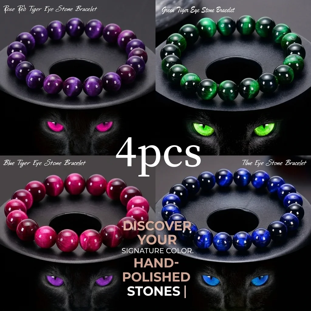 4pcs Boho Style Tiger Eye Beaded Bracelets Elastic Rope Natural Stone Color Change Handmade Bracelet Jewelry for Men Women