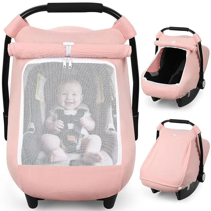 Baby Car Seat Cover Breathable Muslin Cotton with Mesh Window Infant Car Seat Canopy Carrier Cover Stroller Sun Shade ﻿