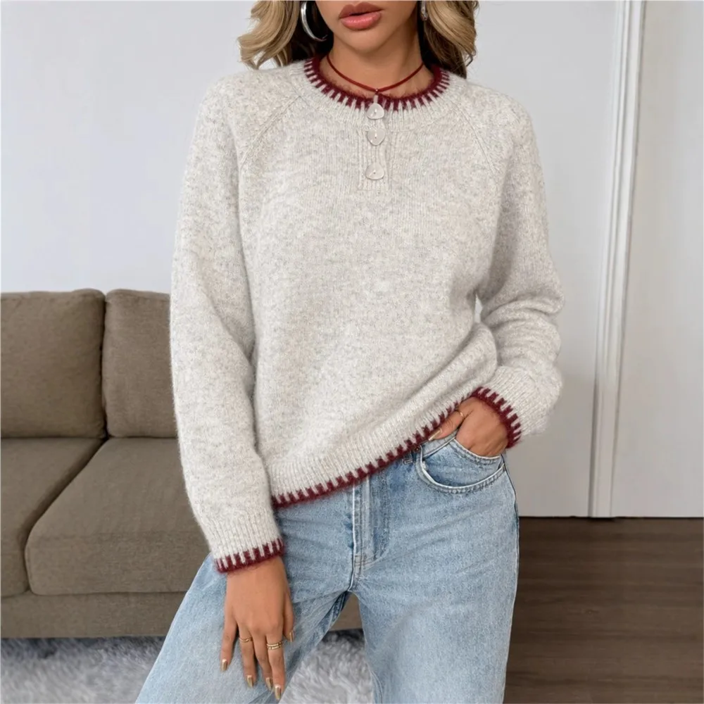 MsChuh Autumn Women's Clothing Contrast Sweater Pullover Comfortable Simple Style All-match Fashion Loose Temperament Casual