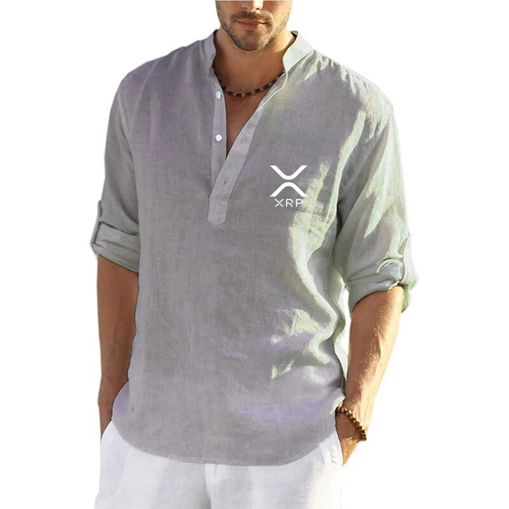 Men Cryptocurrency Ripple XRP Cotton Linen Shirts Long Sleeve Shirt Casual Beach Henley T-Shirt Vacation Pocket Streetwear Tops
