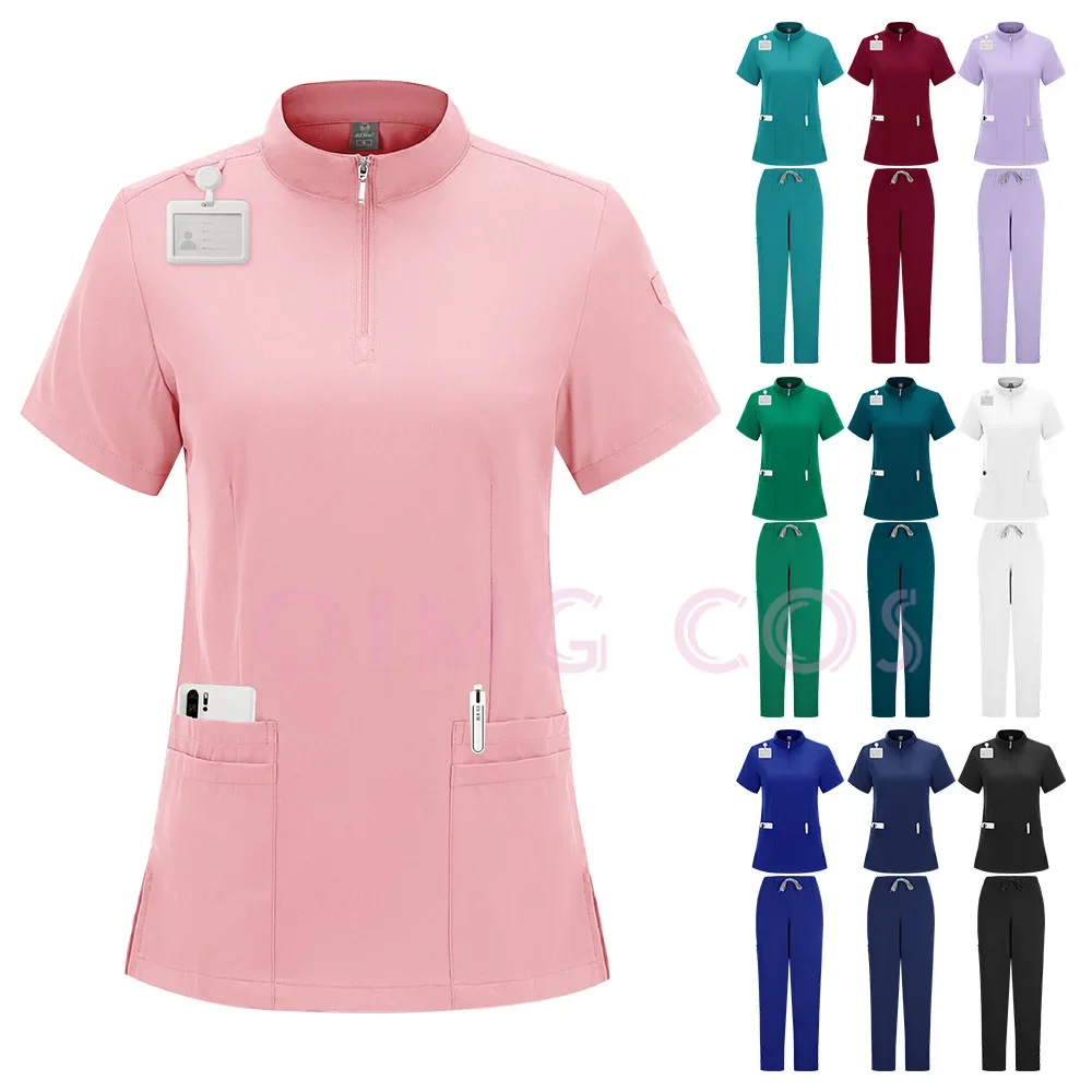 Stand Collar Zipper Scrub Set Breathable Medical Workwear for Doctor Nurse Dental Pet Veterinary Hospital
