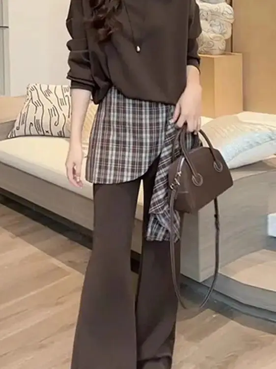 Modny damski komplet w kratę z długim rękawem, duży rozmiar, 300 Pou, nowość na jesień 2025, odporny na zmarszczki, oddychający, casualowy, elegancki.