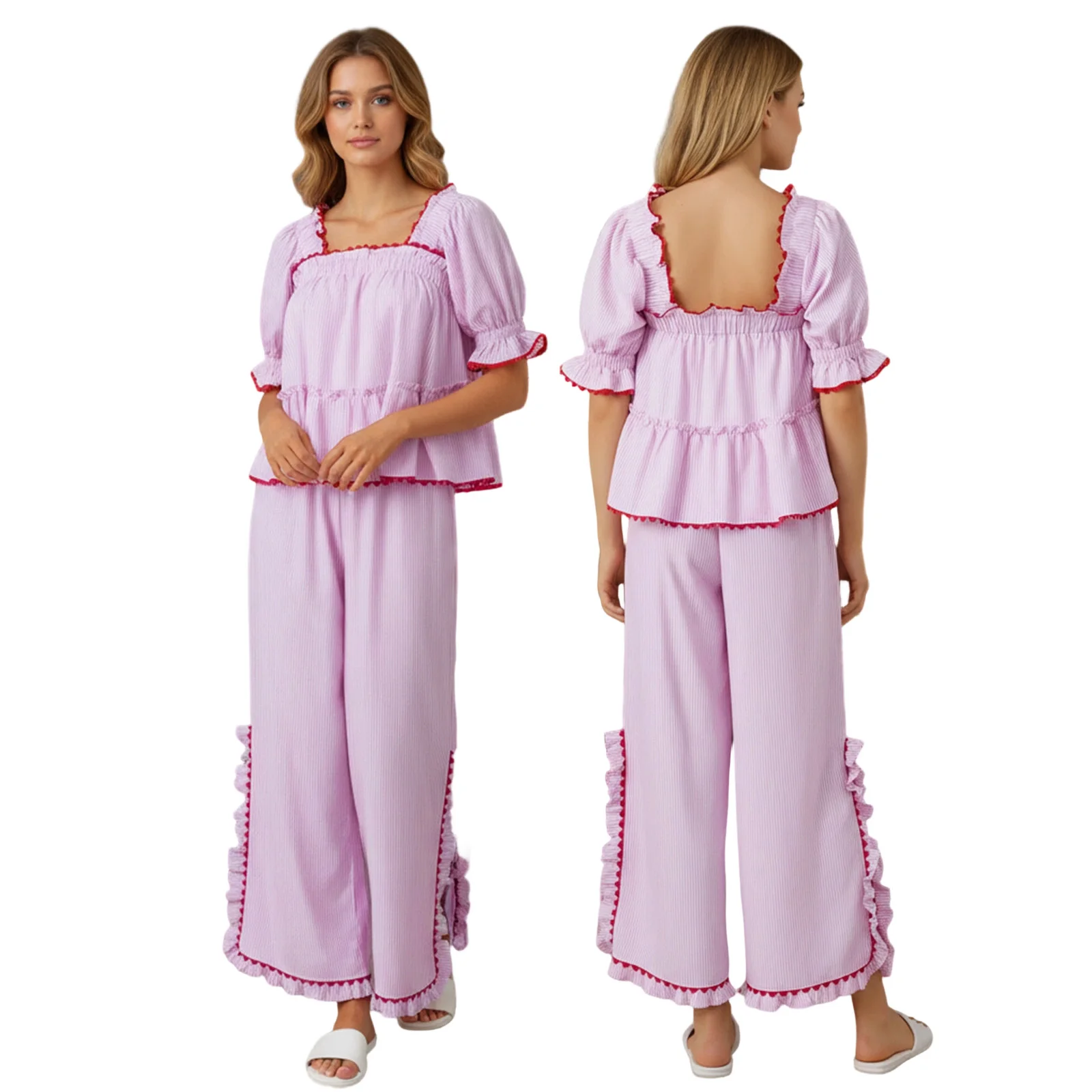 2026 السنة الجديدة الربيع المشارب/منقوشة قصيرة الأكمام ساحة الرقبة تي شيرت مع السراويل ملابس خاصة المتسكعون عيد الميلاد النساء بيجامة مجموعة #3