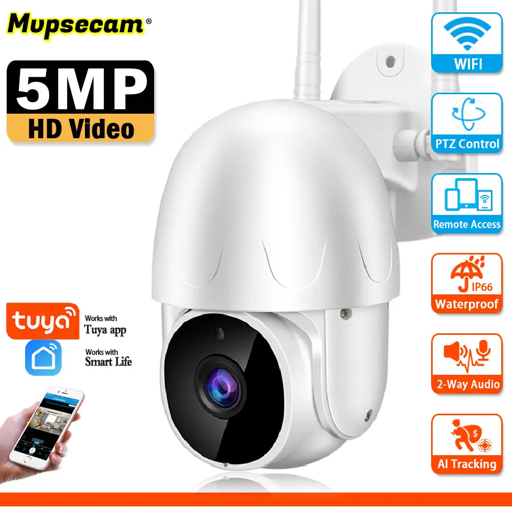 

Tuya 5MP Wireless Outdoor Security Camera WIFI IP66 Waterproof AI Tracking Remote Access 360° PTZ Wifi Surveillance Smart Camera