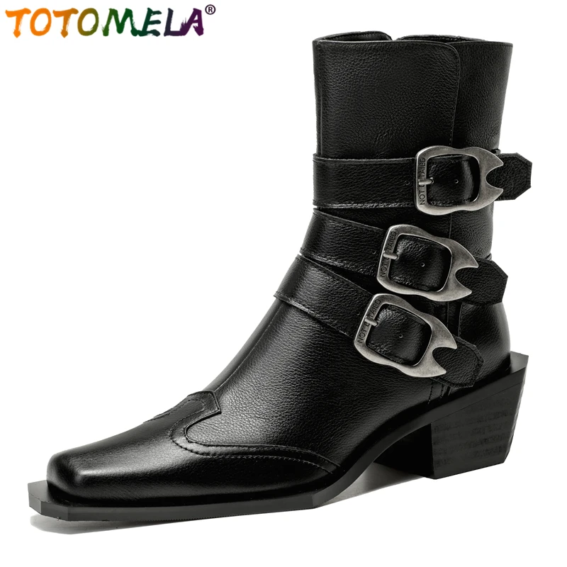 

TOTOMELA 2025 New Genuine Leather Boots Women Motorcycle Boots Buckle Square Toe Square High Heels Handmade Ankle Boots Shoes