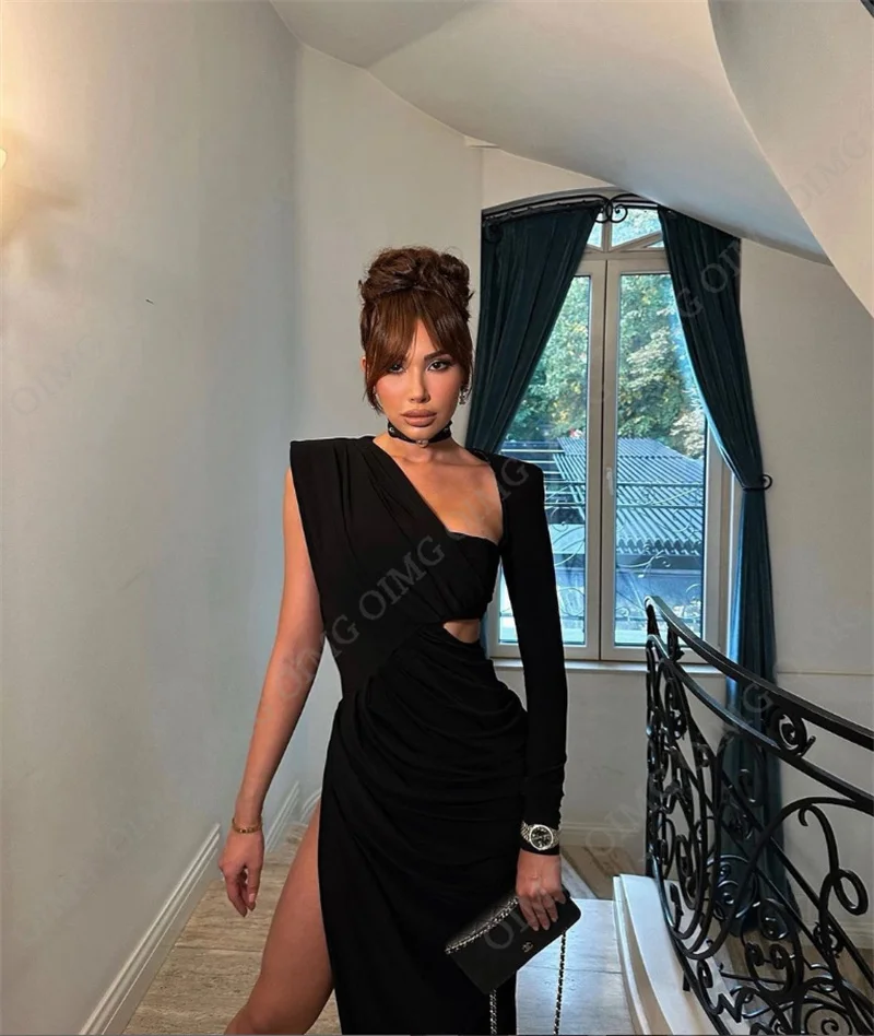 OIMG Black One Sleeve Women Celebrity Cocktail Dresses Sexy Slit Prom Dress Custom Stretch Satin Formal Evening Gowns 2024