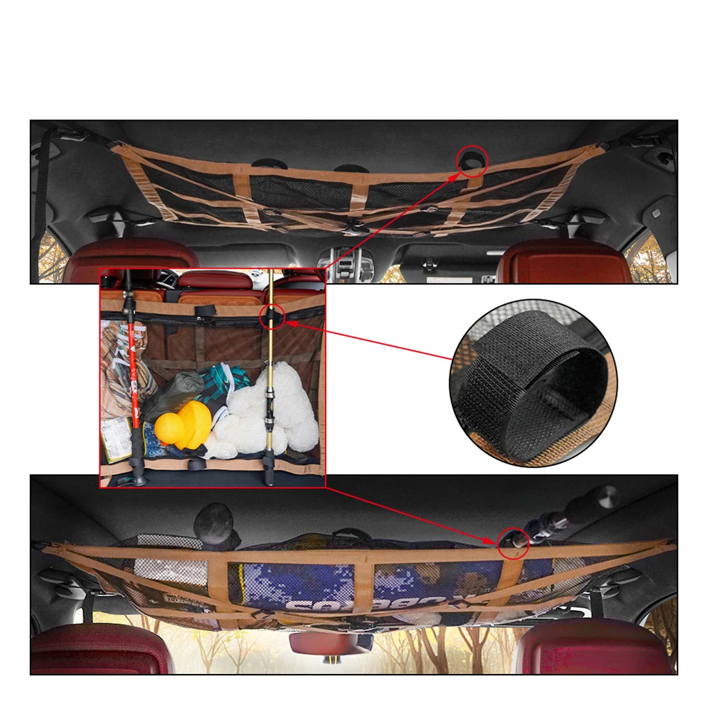 Khaki Car Ceiling Cargo Net Pocket Storage Cargo Net Ceiling Cargo Net Durable Versatile