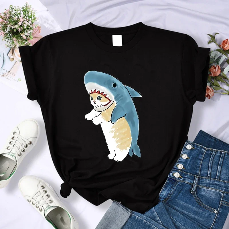 Kawaii Cat Shirt Women Funny Cartoon T Shirt Y2K 90S Harajuku Graphic Ulzzang T-Shirt 90S Print Tshirt Aesthetic Top Tee Female