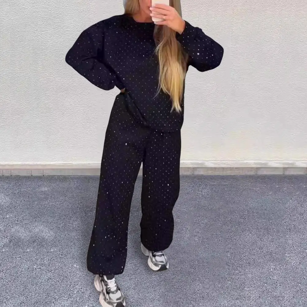 Женский наряд со стразами, женский свитшот со стразами, комплект широких брюк для повседневной носки, спортивный наряд, круглый на осень