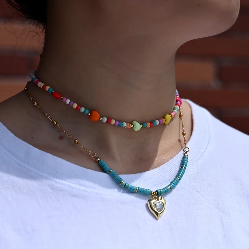 4mm Colorful Beads Stone Heart Choker Fashion Bohemian Summer New Necklace for Women Jewelry MOON GIRL Design