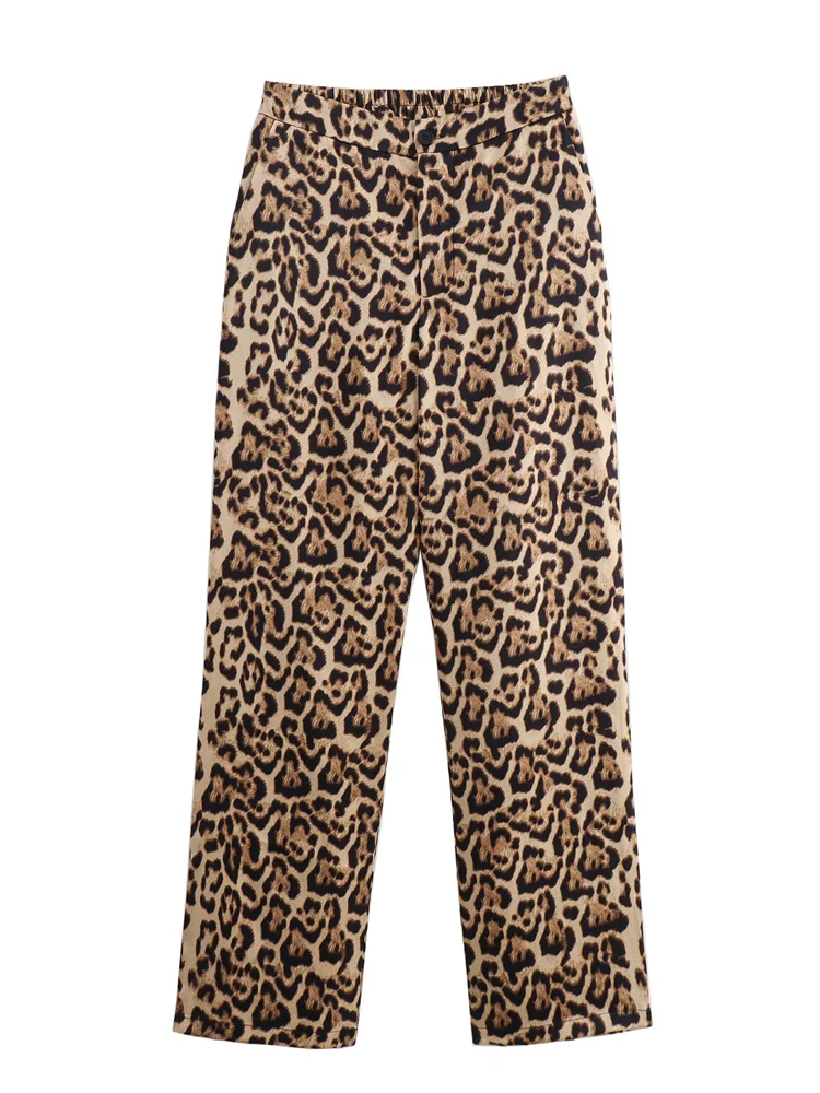 ZEVITY 2024 New Women Vintage Leopard Print Zipper Fly Elastic Waist Straight Pants Female Casual Slim Long Trousers Mujer P6215