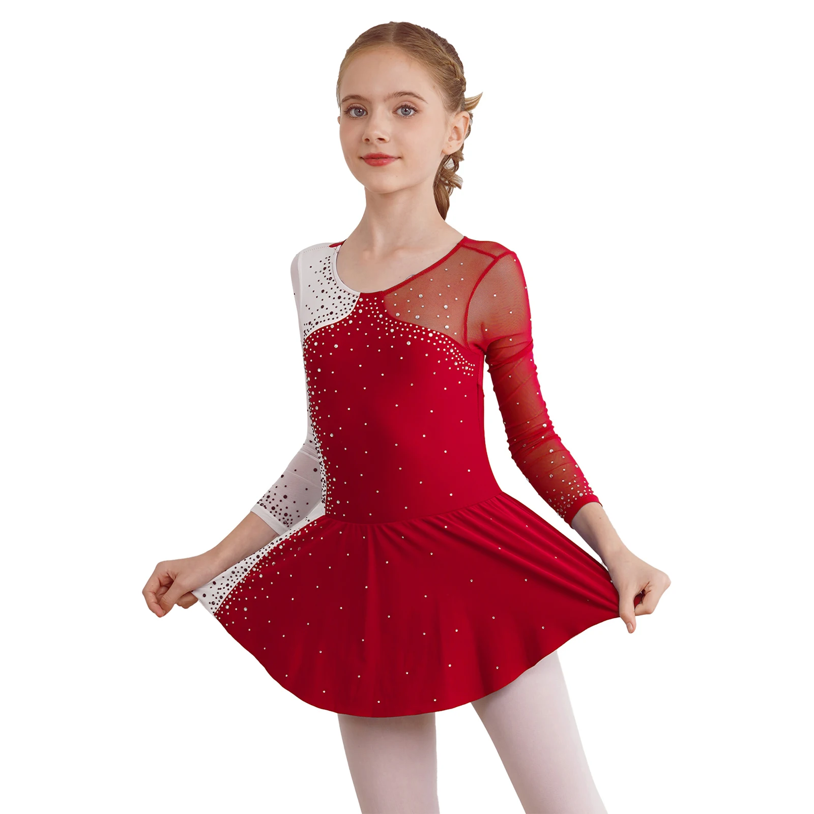 

Girls Lyrical Ballet Figure Skating Leotard Wih Tutu Dress Long Sleeve Shiny Rhinestone Patchwork Dress Gymnastics Dancewear