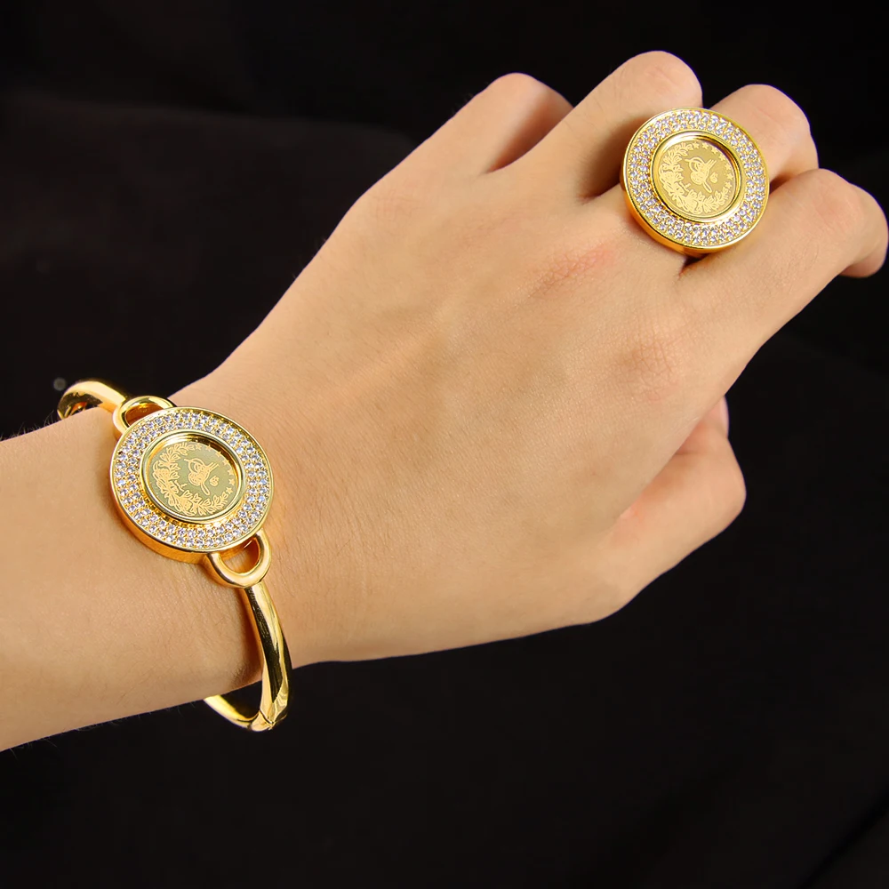 Turkish Vintage Coins Jewelry Set 21k Gold Plated Dubai Fashion Zirconia Opening Bangles Ring Kurdish Women Party Jewelrys