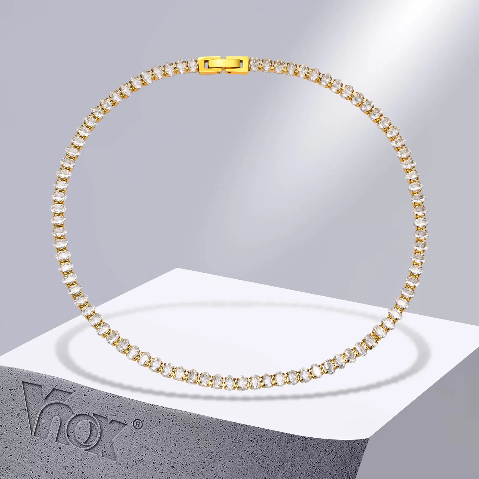 

Vnox Deluxe Cubic Zirconia Tennis Chain Choker Necklaces for Women,Classic Round 5MM Gold Color Stainless Steel Link Collar