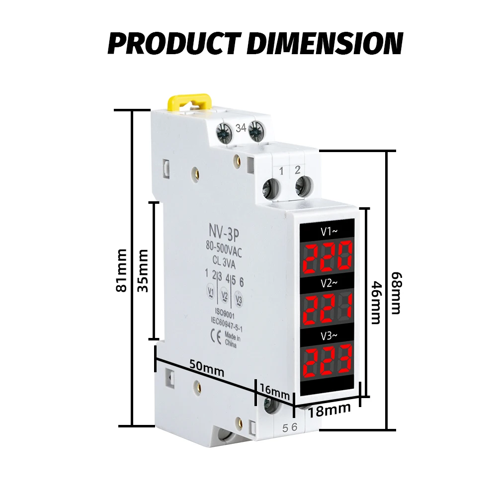 18mm Din Rail AC Voltage Meter 80-500V 220V 380V Single Three Phase Modular Voltmeter Ammeter LED Indicator Digital Volt Tester