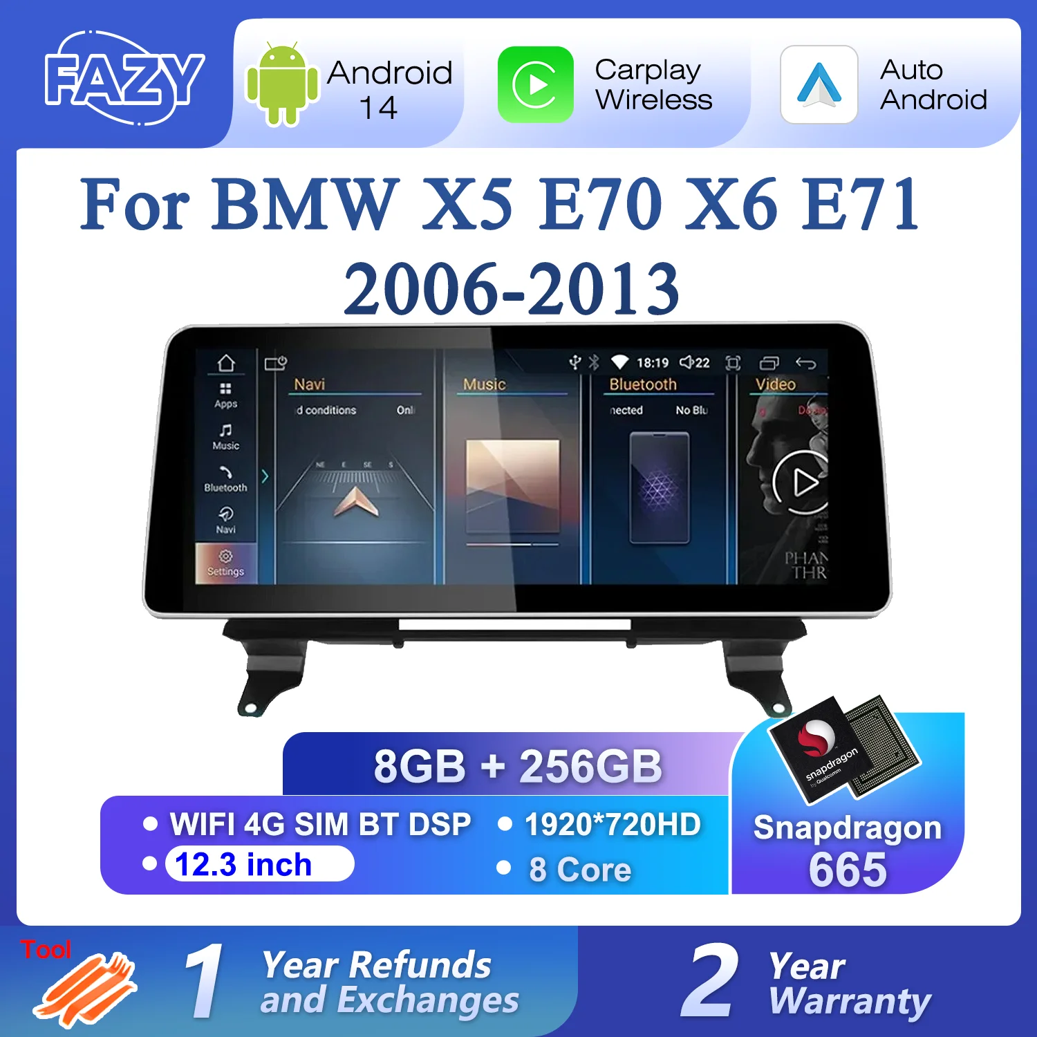 8+256GB Android 14 Wireless Carplay Screen For BMW X5 E70 X6 E71 E72 CCC CIC Android Auto Radio Multimedia GPS Navi 4G WIFI DSP