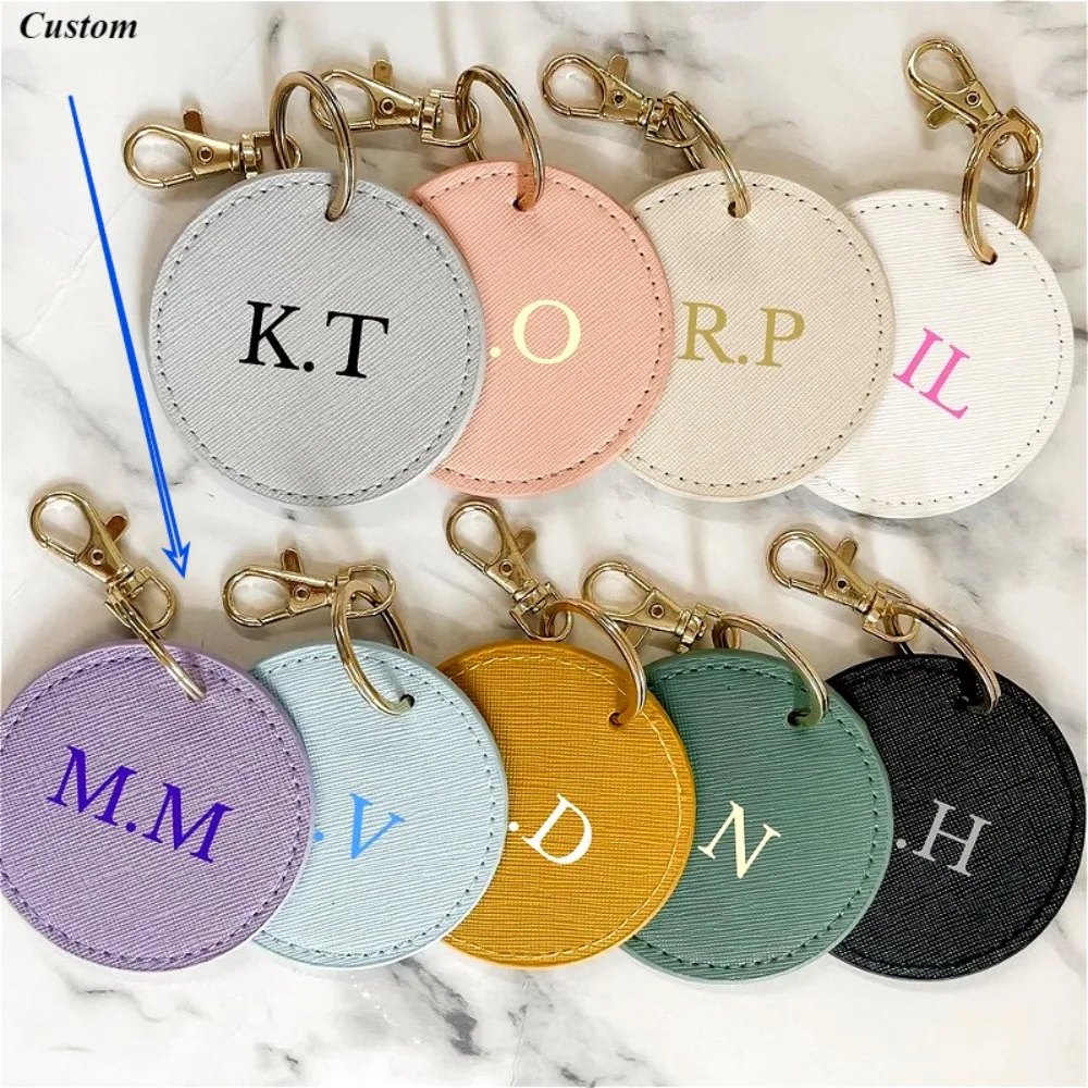 

Custom LOGO Name Personalized Round Leather Keychain Clip UV Printing Color Key Ring Chain Carving Pendant Father's Day Gift