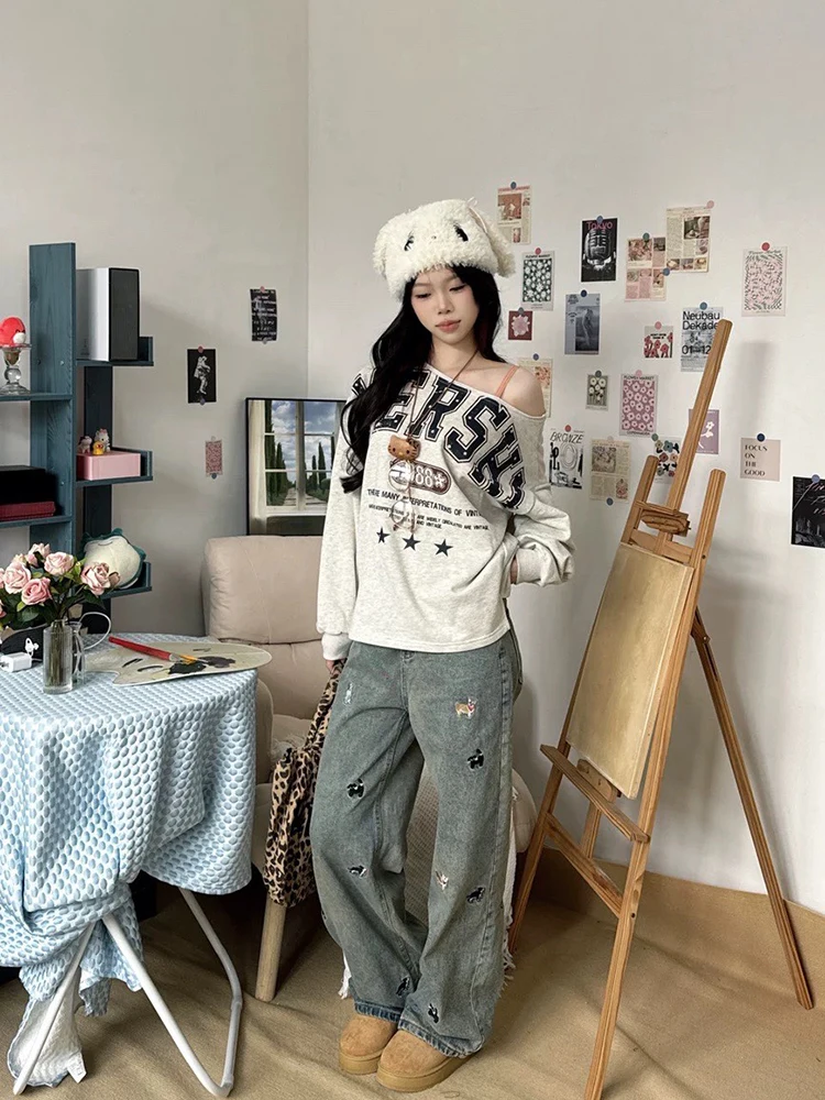 

Джинсы женские с вышивкой в виде ретро-синей собаки, с высокой талией, широкими штанинами, свободного кроя, в пол, новая модель весна-осень