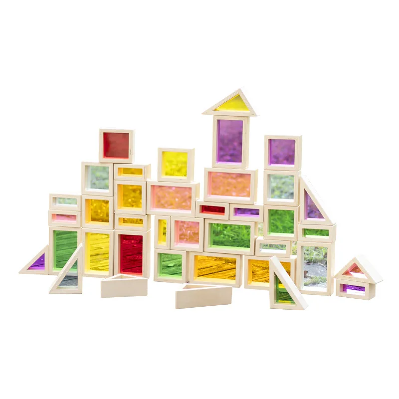 40 Piece Kindergarten Size Acrylic Wooden Geometric Building Blocks Colorful Translucent Visually Stimulating Educational Toy