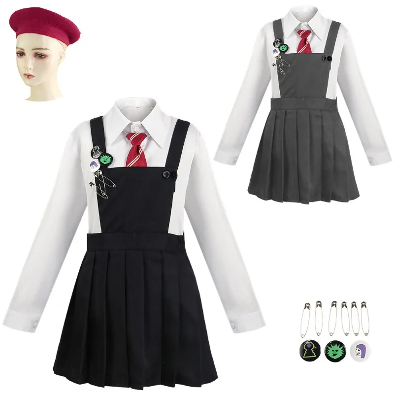 Disfraz de Cosplay de Matilda para Mujer, Falda Plisada Negra y Gris, Vestido con Tirantes, Camisa Blanca con Solapa, Corbata, Broche, Estilo Vintage para Fiesta de Halloween