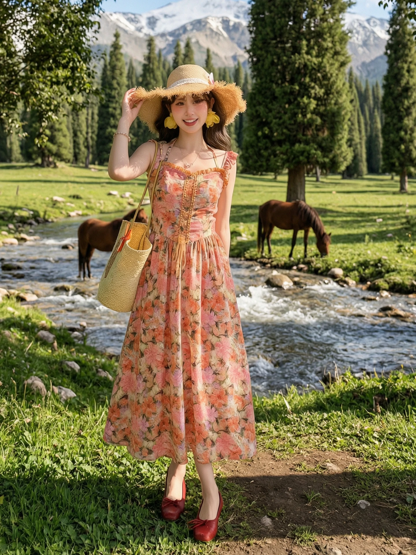 Rustic Floral Print Maxi Dress Lace Trim High Waist Slim Fit Summer Casual A-Line Skirt Side Zipper Closure Sweet Style