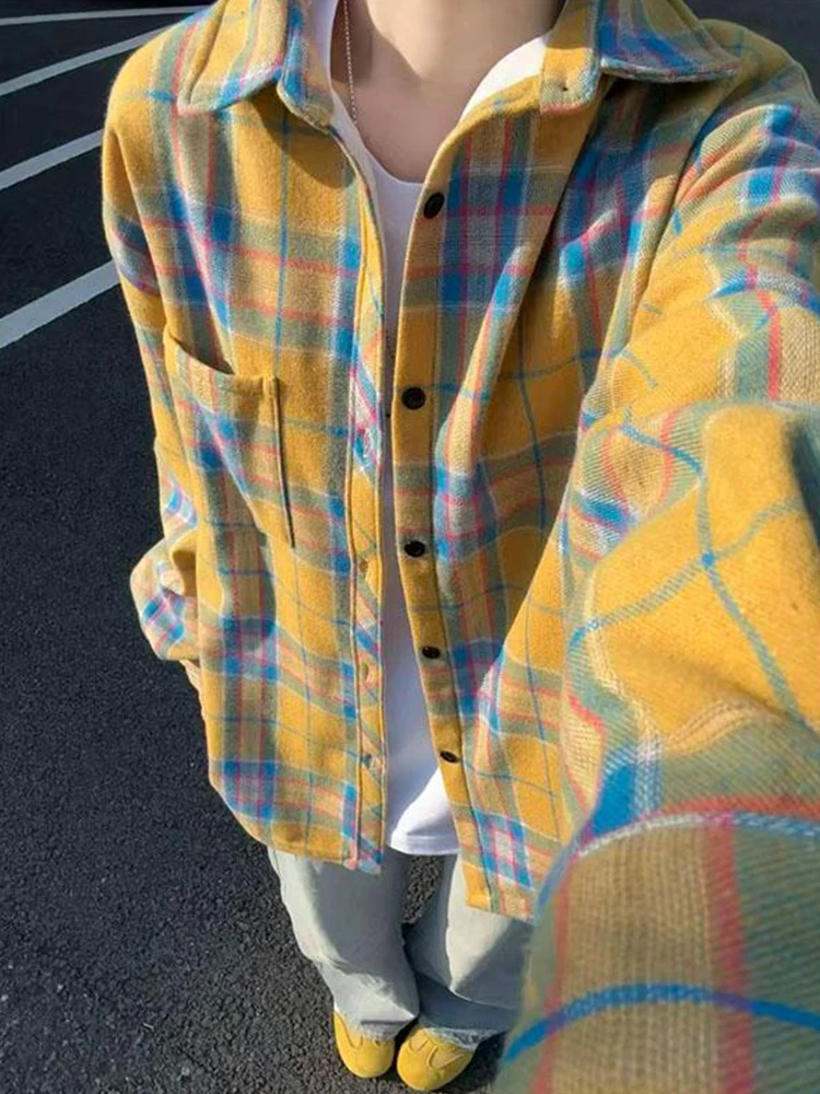 

Yellow Plaid Thiened Fce Men's Long Sve irt Warm Retro American Sle Winter Outerwear Cleanfit Coat Button up