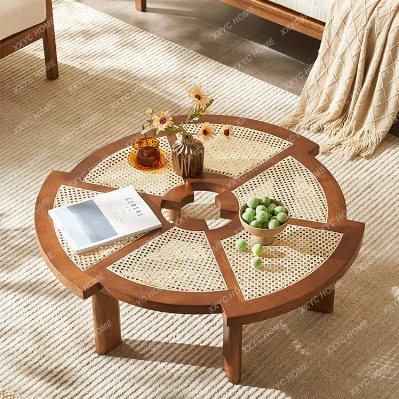 Nordic Modern Minimalist Rattan Coffee Table Japanese round Household Solid Wood Creative round Tea Table طاولات جانبيه