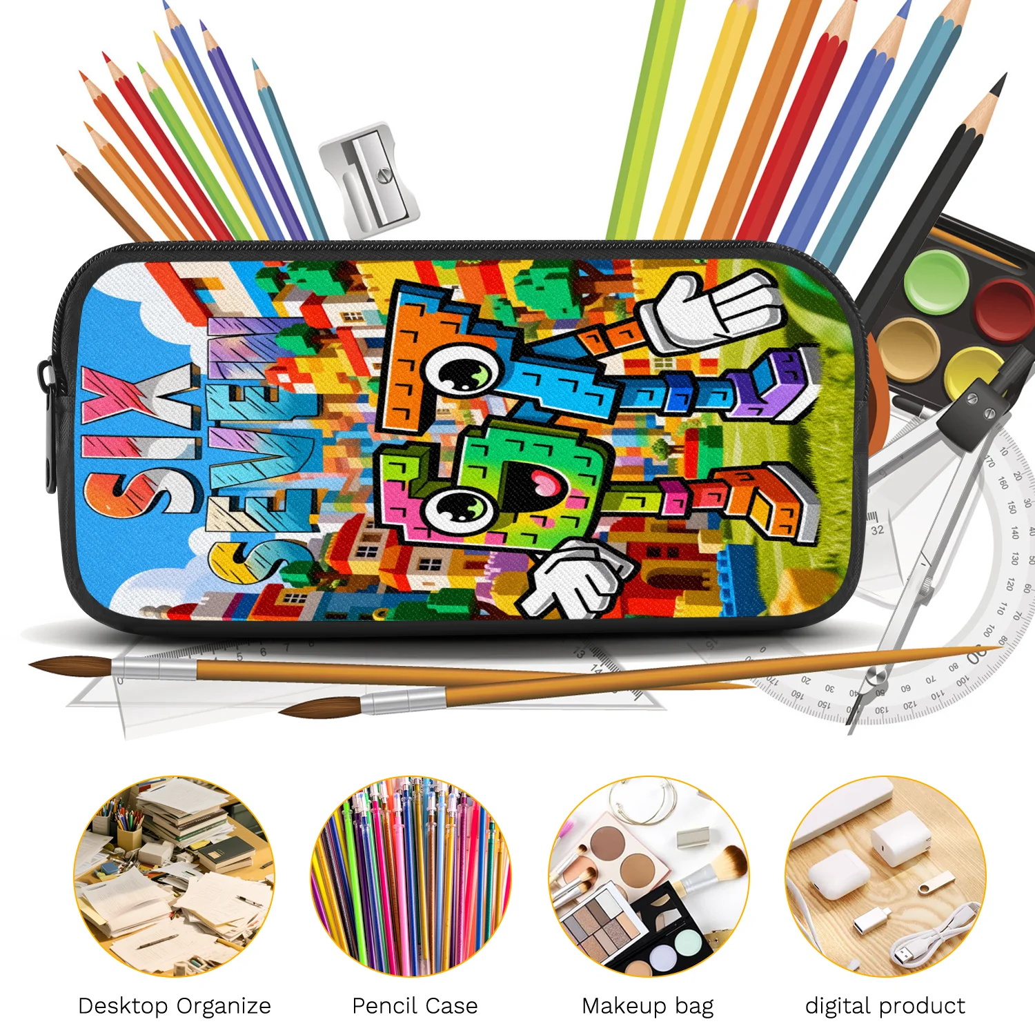 Colorful Building Block Cartoon Number 3-Piece Backpack Set with Crossbody Bag Pencil Case for School Travel Daily Use