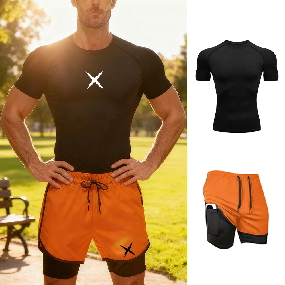 

Men's Printed Sports Suit Summer Fitness Training Apparel Quick-Drying T-Shirt With Drawstring Shorts Comfortable And Breathable