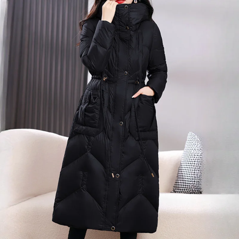 Down Jacket for Women, Mid-length Parka, Hooded Waisted, Straight Design High-end Fashion Temperament Slim Warm Coats Winter New