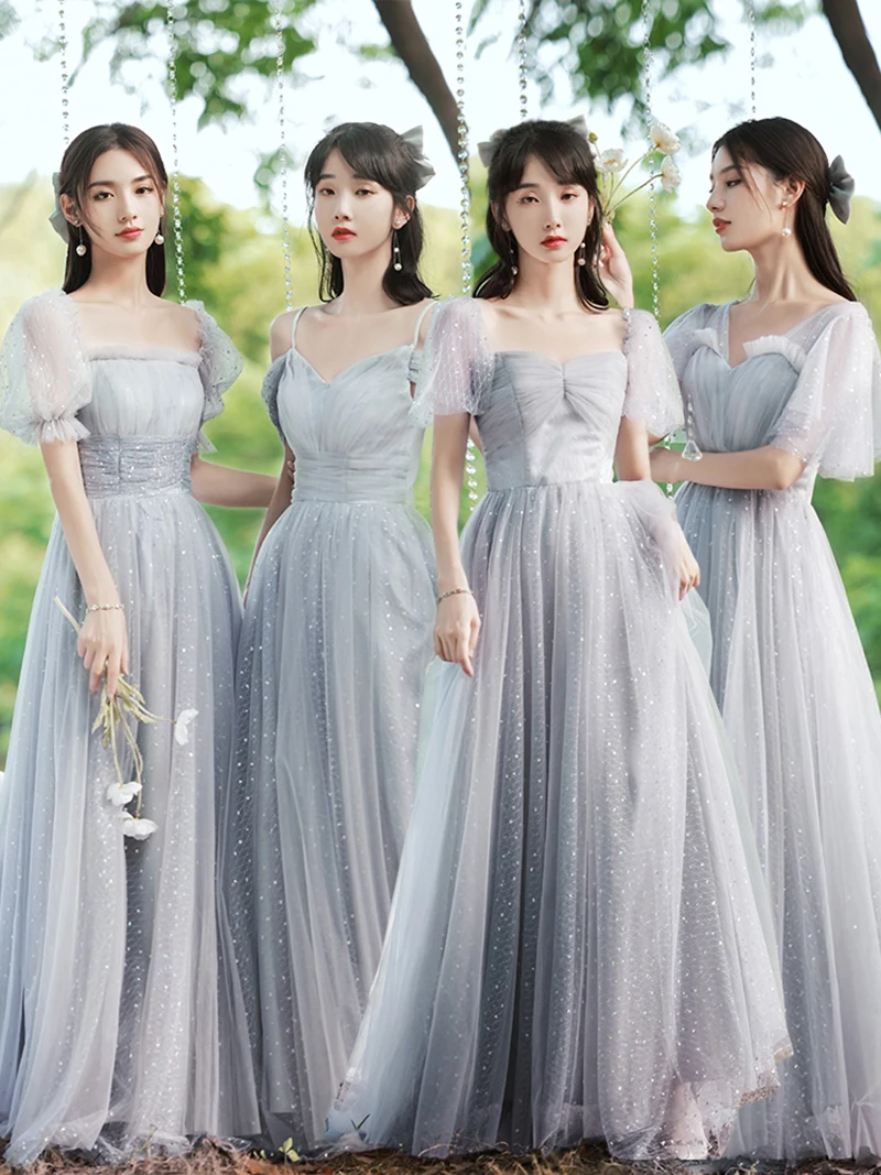 Female Grey Bridesmaid Dress Summer Long And Mid Long Style Slim Sisters Bridesmaid Birthday Dress New Host Evening Dresses