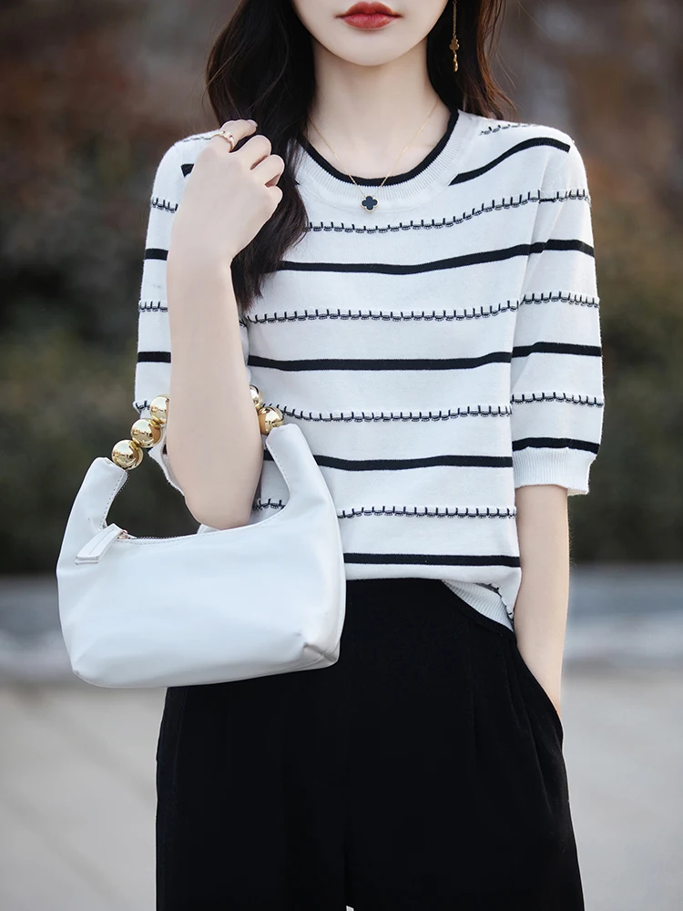 Damen-Rundhalspullover für Frühling und Herbst, 100 % Andy-Samt-Strickpullover, lässiges und elegantes Top, Sommer-Kurzarmshirt, SMY