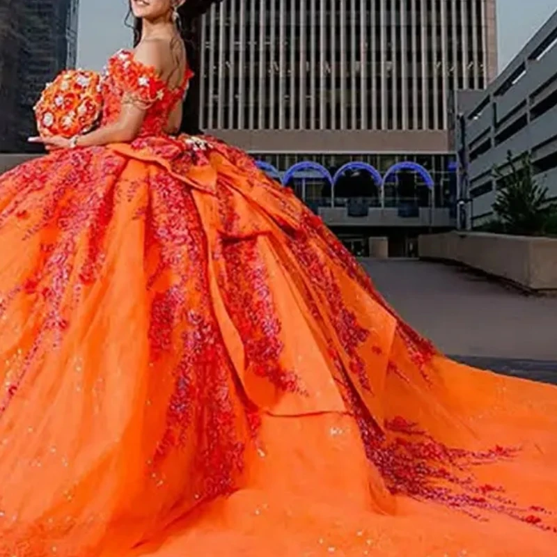 

A1328 Luxury Orange 15 Quinceanera Dresses Cap Sleeve Lace Applique Crystal Corset Ballgown Prom Birthday Party 16 14 Customized