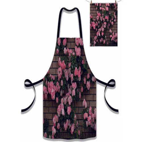 Else Carpet Else Pink Rose Wall Ivy Pattern Fabric Chef Dish Kitchen Apron and Towel