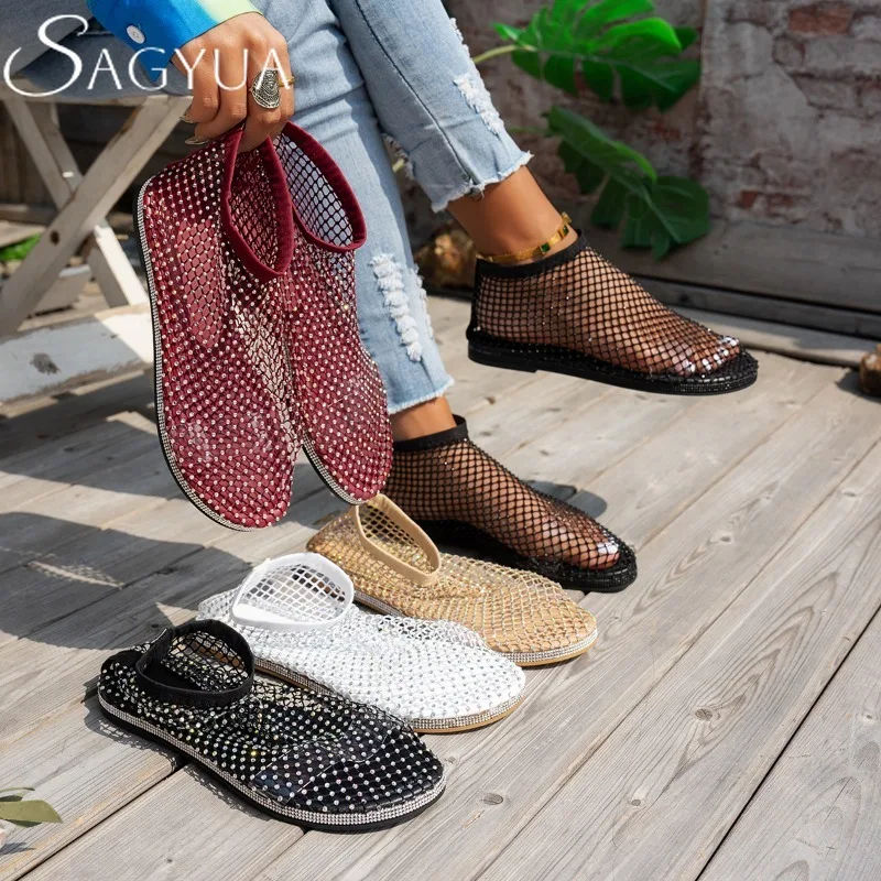 

Crystal Women Flat Sandals Mesh Casual Shoes Woman Loafers 2025 Trend Beach Summer Hollow Shallow Shoes Comfort Sandalias Mujer