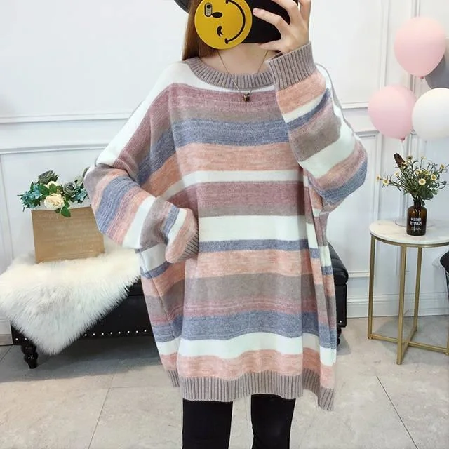 2023 Winter Women's Round Collar Sweater Warm Pullover Commuter Elegant Top Loose Casual Retro Striped T339