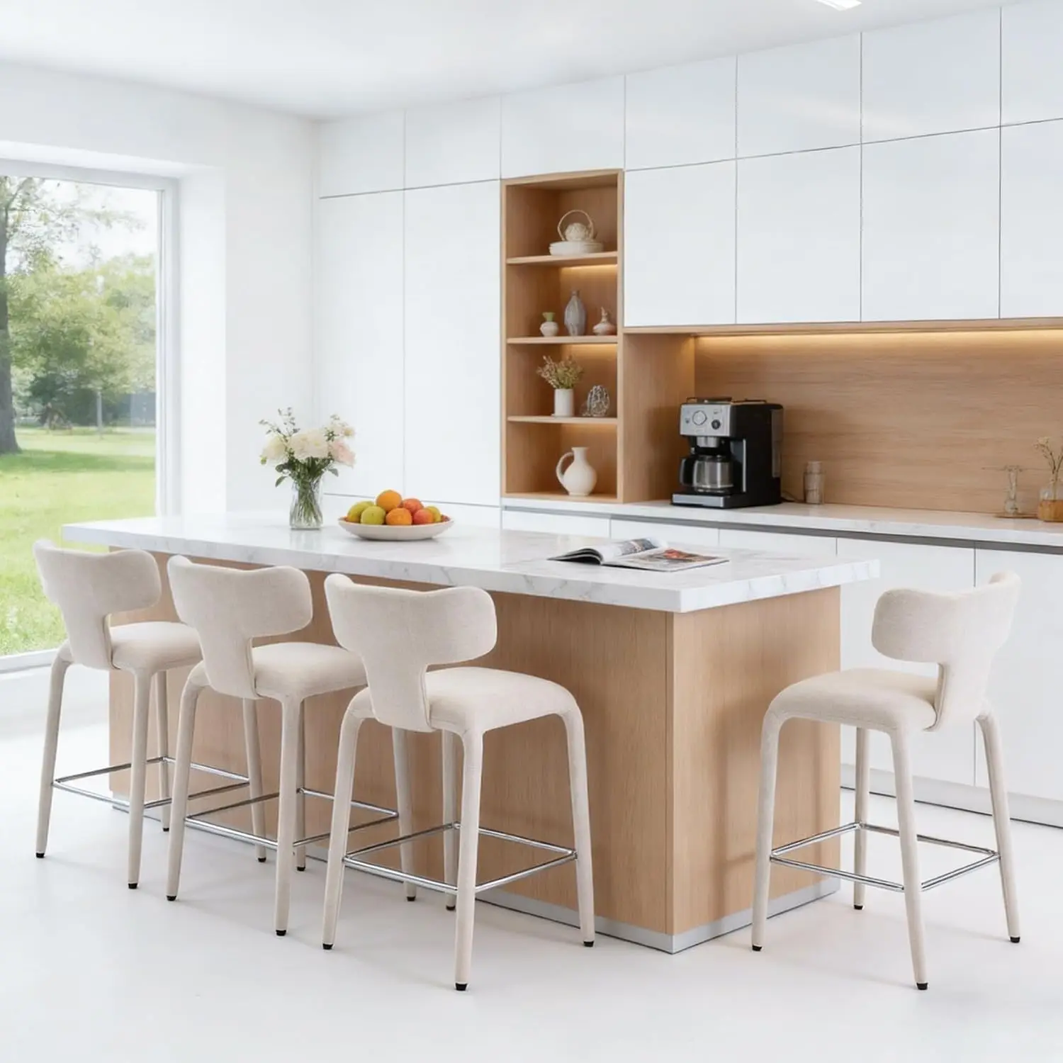 Counter Height Bar Stools Set 4 With Curved Back & Metal Legs, Modern Kitchen Island Home Bar Seating, Beige, Customized