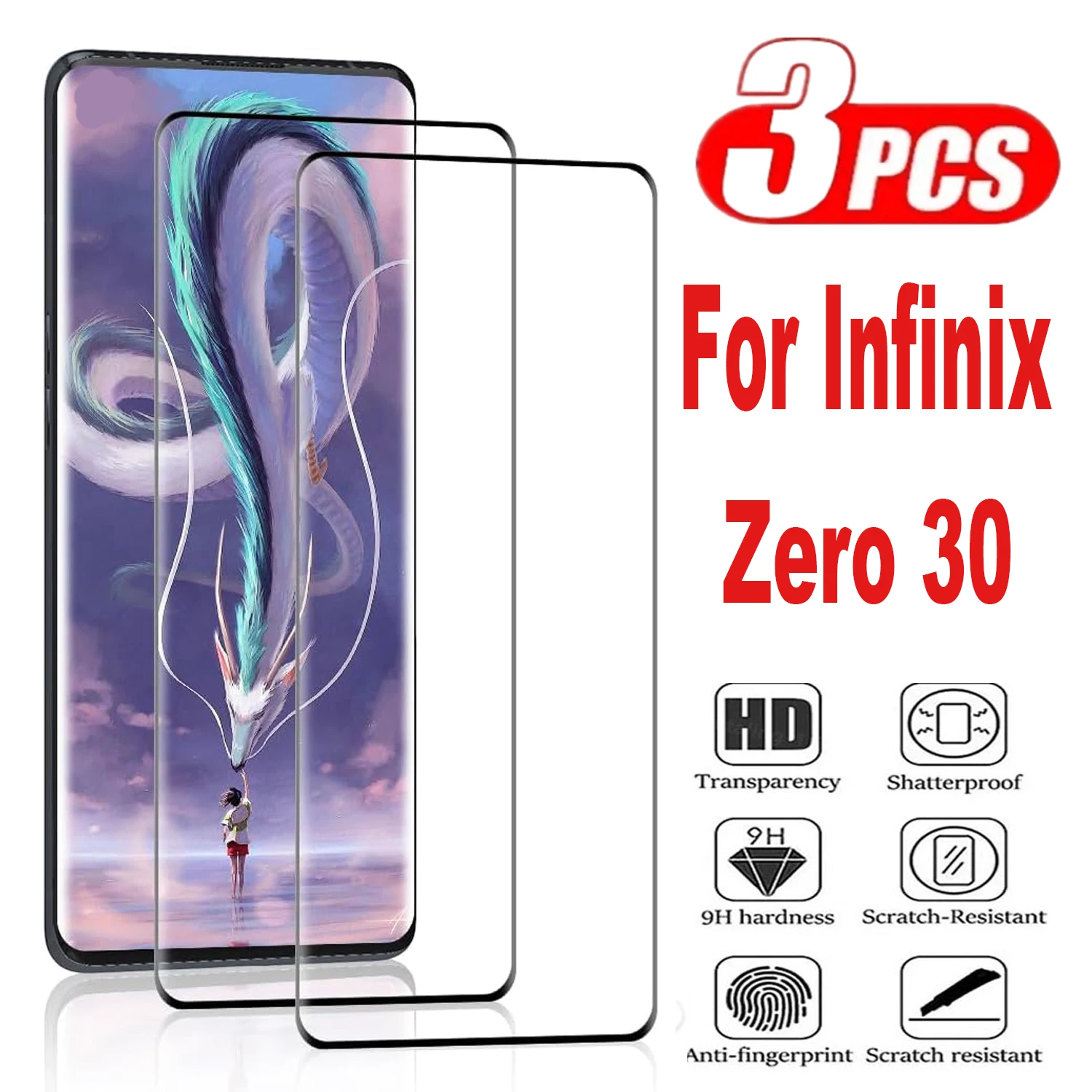 For Infinix Zero 30 4G, Screen Protector HD Curved Four Sides Glue 3Pcs Tempered Glass Film 9H