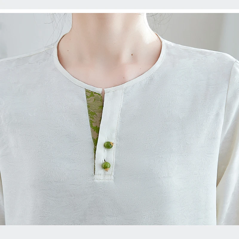 Camicie vintage in seta jacquard per donna Camicette da donna alla moda leggere a maniche lunghe con cuciture a colori eleganti 2025