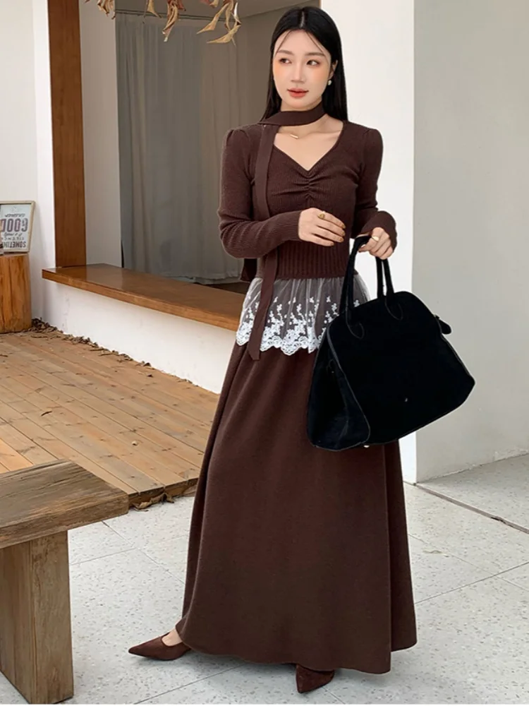 새로운 패션 달콤하고 매운 소녀 레이스 패치워크 브이넥 긴팔 상의 투피스 세트 하이웨이스트 롱 스커트 니트 2피스 의상