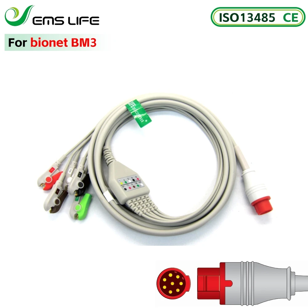ecg cable with 3leads snap and 12pin square connector for 13lonet paitent monitor