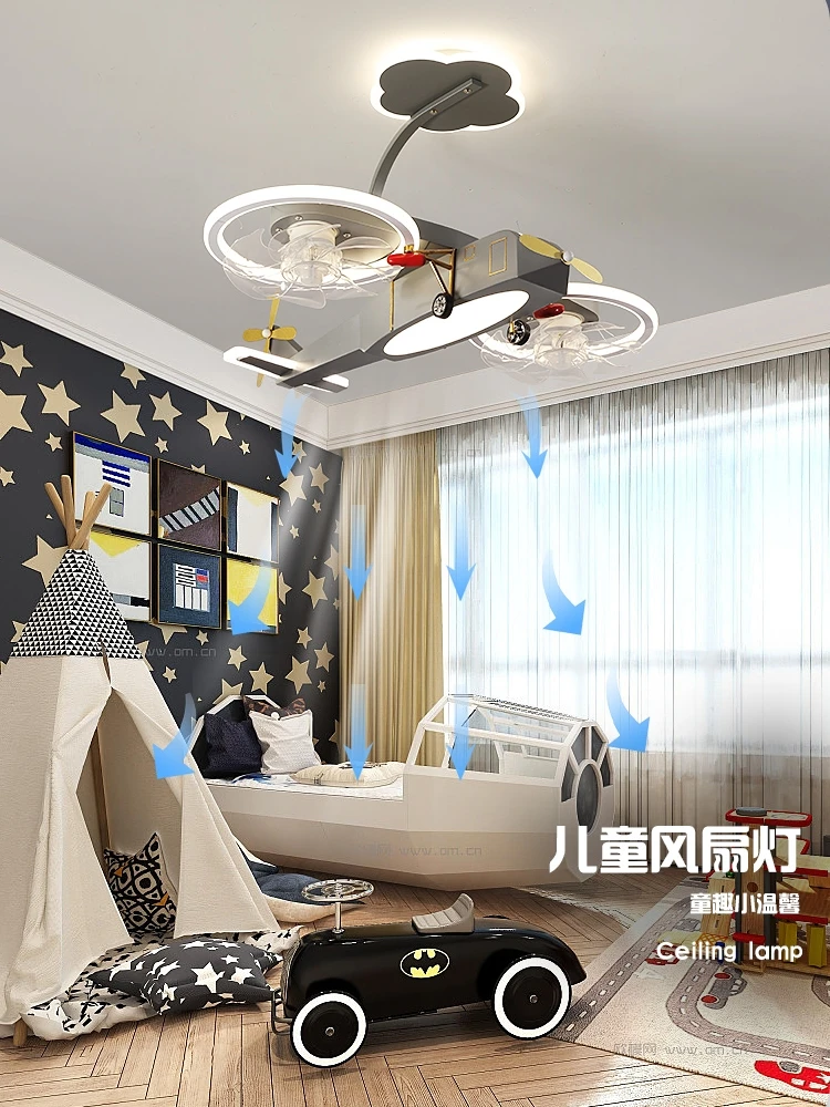 

Airplane Fan Lamp Gray Children's Room Light Boy Creative Mute Fan Lamp Helicopter Bedroom Ceiling Luminaire Surface Mounted