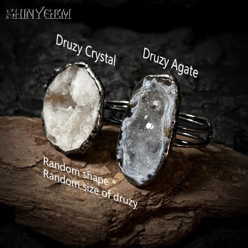 

SHINYGEM Natural Geode Crystal/Agate Handmade Welded Antique Plated Silver Adjustable Fashion Ring Gift