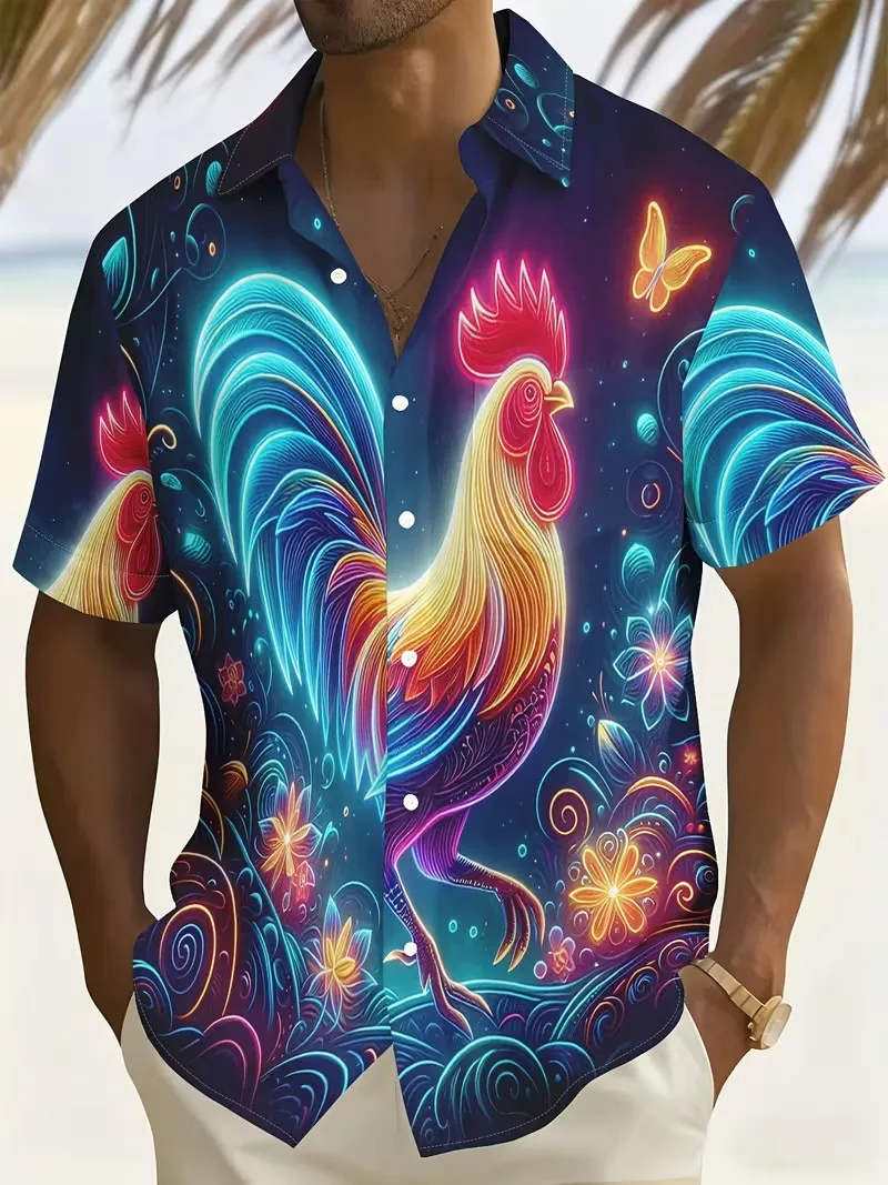 

Мужская гавайская рубашка с неоновым принтом петуха, короткий рукав, светящийся цветочный и бабочковый принт, на пуговицах, для пляжа и серфинга